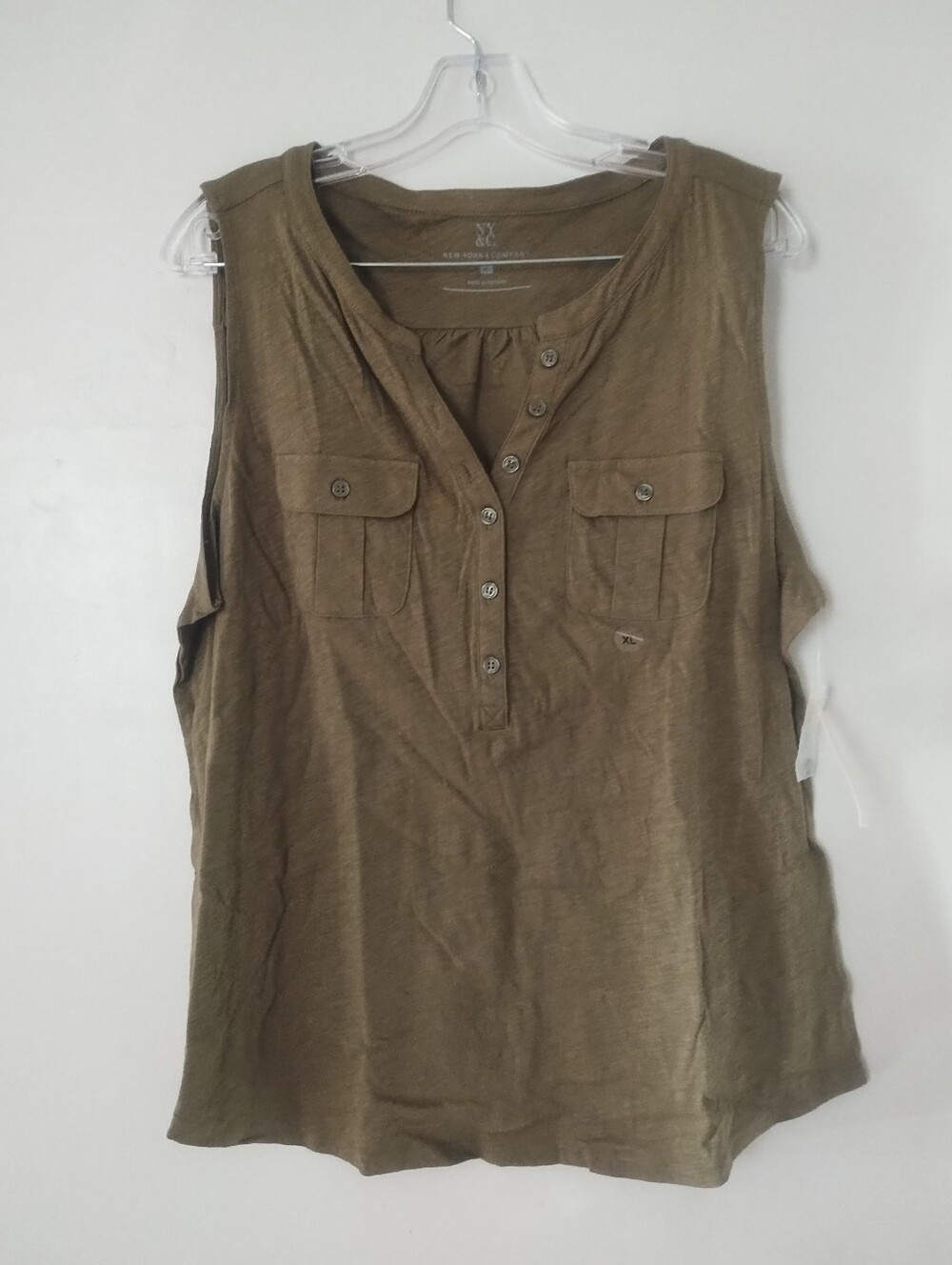 NWT New York Company Olive Green Front Pockets Cotton Henley Top XL